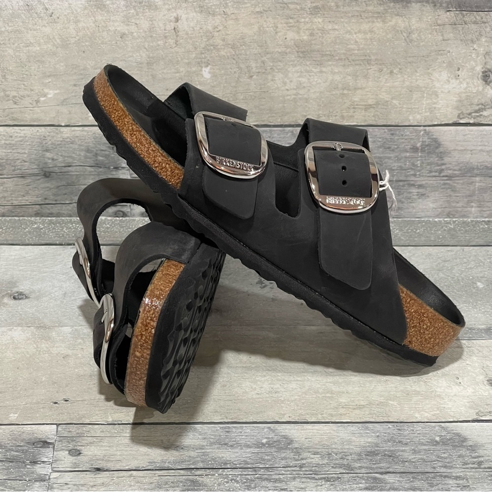 BIRKENSTOCK Arizona Big Buckle Slide Sandal - Black Leather - Size - 8-8.5 .US